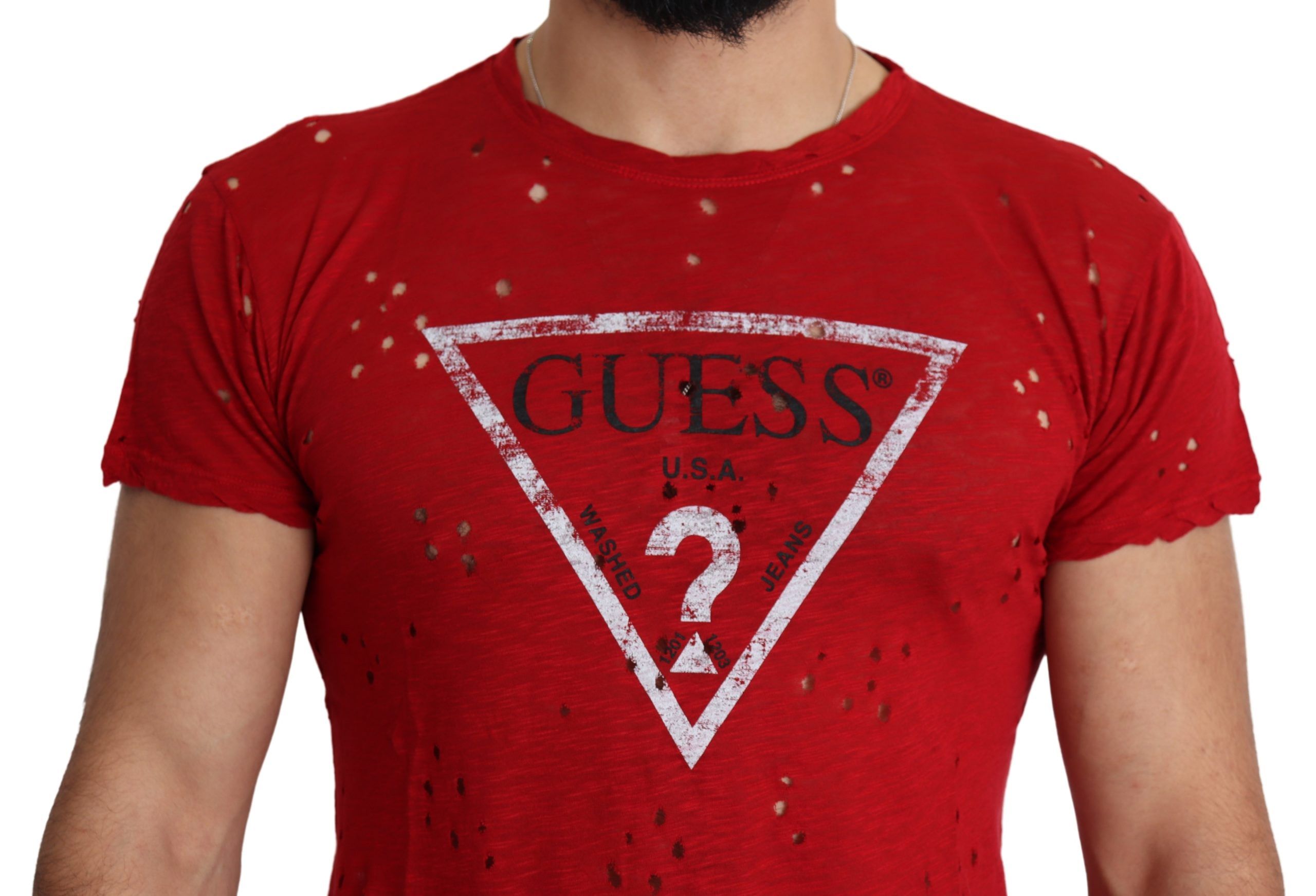 Guess Kırmızı Pamuklu Logo Baskılı Erkek Günlük Üst Delikli Tişört